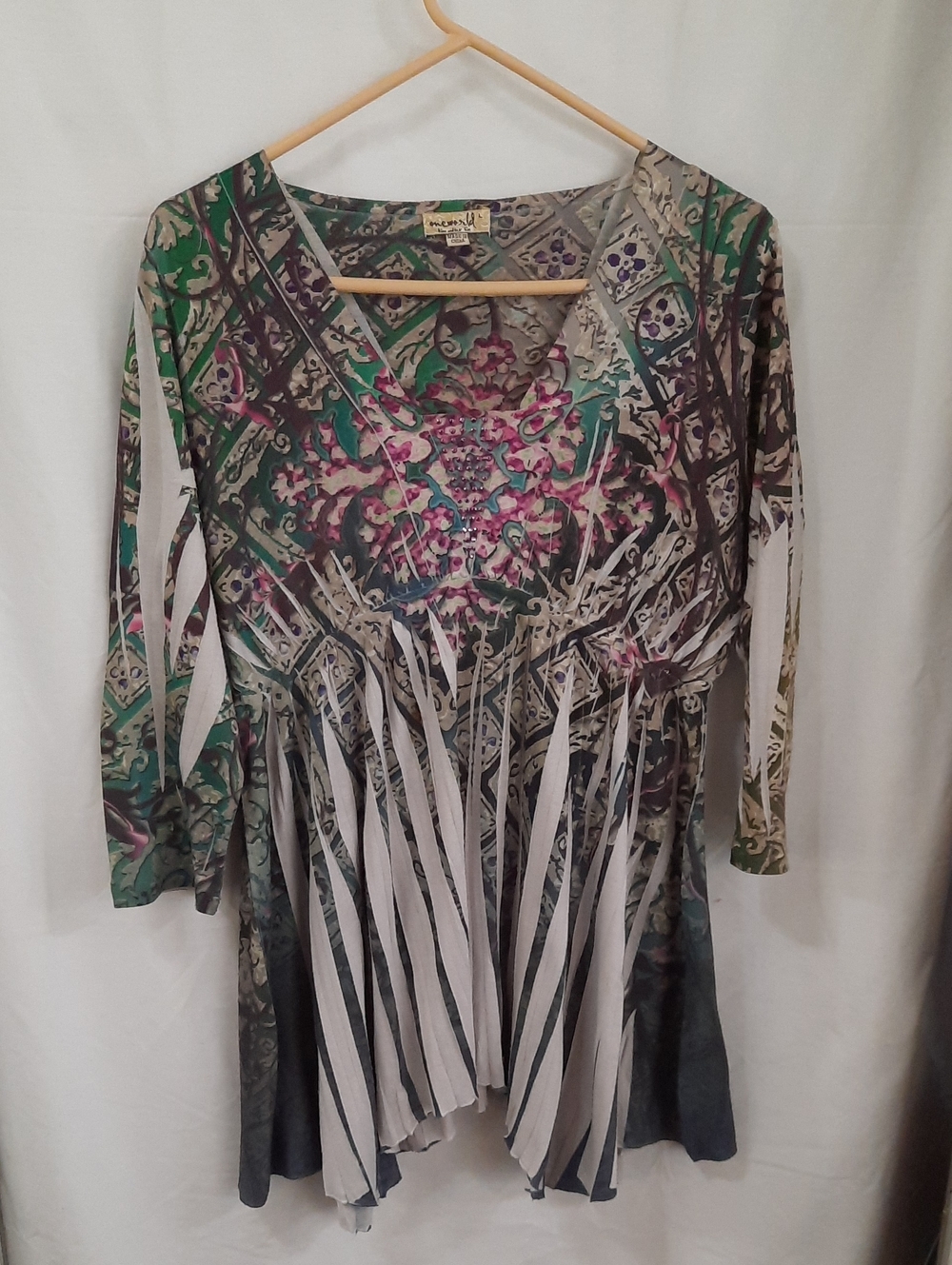 One World - Multi-Color Boho Fringe Tunic Top - Size L